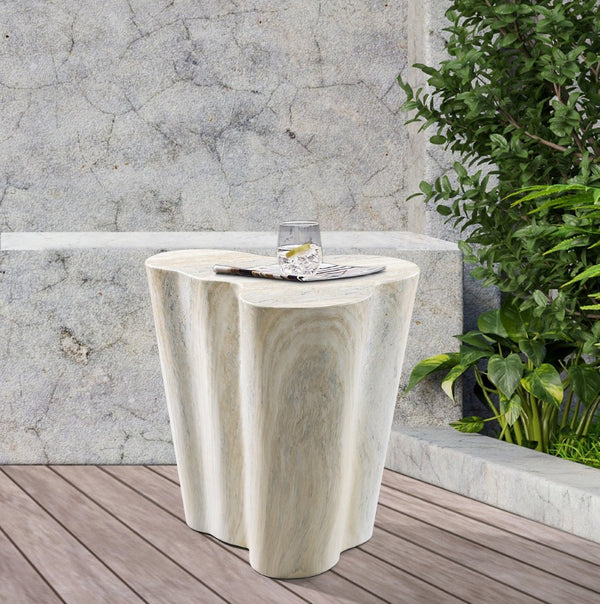 Meridian Furniture Monza Sculptural Concrete End Table with Art Deco Curves and Marble Effect for Indoor Outdoor Use Natural 99033Travertine-ET