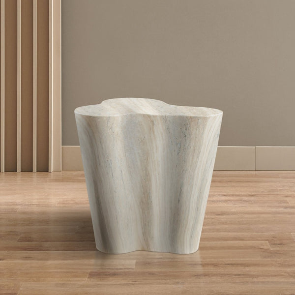 Meridian Furniture Monza Sculptural Concrete End Table with Art Deco Curves and Marble Effect for Indoor Outdoor Use Natural 99033Travertine-ET