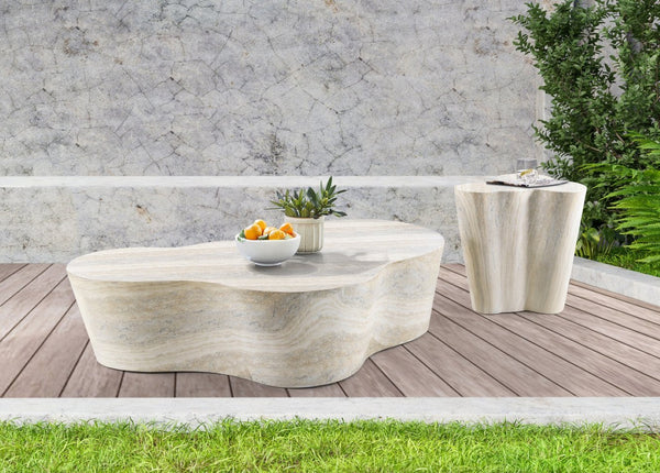 Meridian Furniture Monza Sculptural Concrete End Table with Art Deco Curves and Marble Effect for Indoor Outdoor Use Natural 99033Travertine-ET