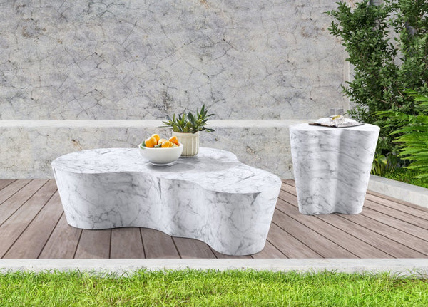 Meridian Furniture Monza Sculptural Concrete Coffee Table Art Deco Design for Indoor Outdoor Living Spaces White 99033White-CT