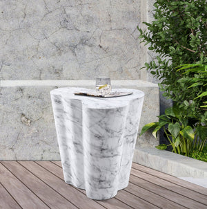 Meridian Furniture Monza Sculptural Concrete End Table with Art Deco Curves and Marble Effect for Indoor Outdoor Use White 99033White-ET