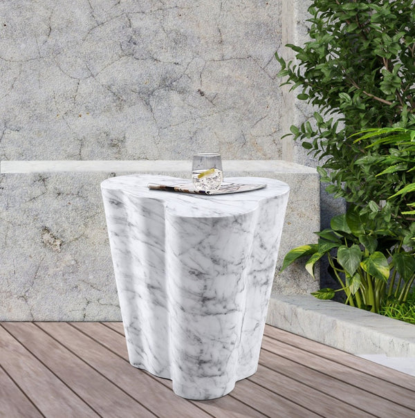 Meridian Furniture Monza Sculptural Concrete End Table with Art Deco Curves and Marble Effect for Indoor Outdoor Use White 99033White-ET