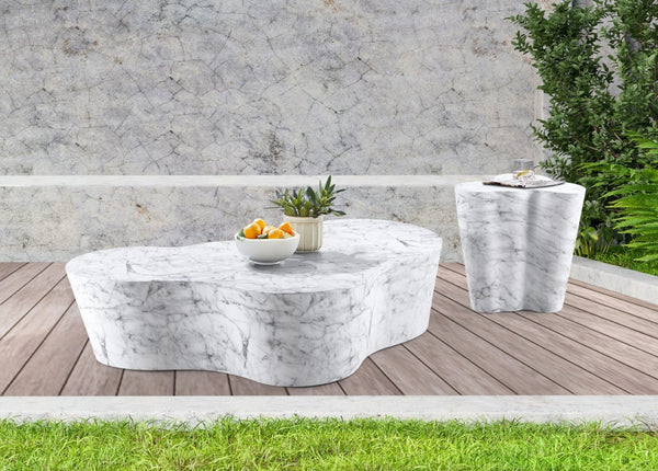 Meridian Furniture Monza Sculptural Concrete End Table with Art Deco Curves and Marble Effect for Indoor Outdoor Use White 99033White-ET