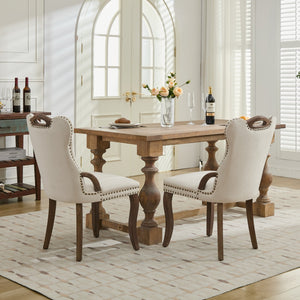 English Elm Velvet Upholstered Dining Chair with Handmade Tufting, Solid Wood Handles, Copper Nail Trim, Set of 2 Beige W1143P338140