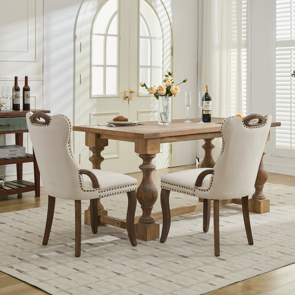 English Elm Velvet Upholstered Dining Chair with Handmade Tufting, Solid Wood Handles, Copper Nail Trim, Set of 2 Beige W1143P338140