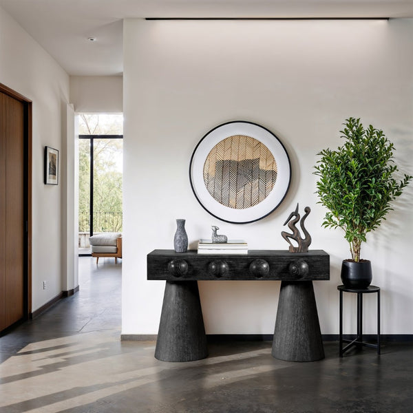 Meridian Furniture Bracciano Art Deco Oak Veneer Console Table with Sculptural Carved Grooves for Stylish Entryway Black 99043Black-T