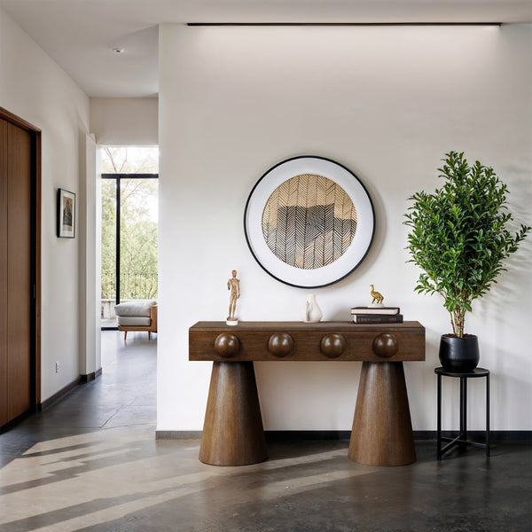 Meridian Furniture Bracciano Art Deco Oak Veneer Console Table with Sculptural Carved Grooves for Stylish Entryway Brown 99043Brown-T