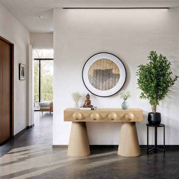 Meridian Furniture Bracciano Art Deco Oak Veneer Console Table with Sculptural Carved Grooves for Stylish Entryway Natural 99043Oak-T