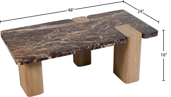 Meridian Furniture Ravenna Genuine Stone Top Coffee Table with Art Deco Oak Wood Base for Living Rooms Burgundy Genuine Marble - A 99045Cherry-CT