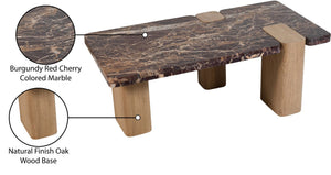 Meridian Furniture Ravenna Genuine Stone Top Coffee Table with Art Deco Oak Wood Base for Living Rooms Burgundy Genuine Marble - A 99045Cherry-CT