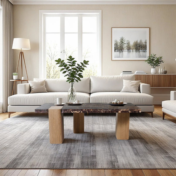 Meridian Furniture Ravenna Genuine Stone Top Coffee Table with Art Deco Oak Wood Base for Living Rooms Burgundy Genuine Marble - A 99045Cherry-CT