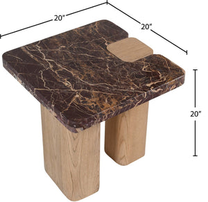 Meridian Furniture Ravenna Genuine Marble Top Oak Base Side Table with Art Deco Sculptural Form 99045Cherry-ET