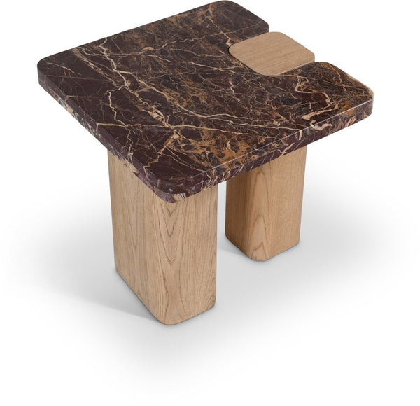 Meridian Furniture Ravenna Genuine Marble Top Oak Base Side Table with Art Deco Sculptural Form 99045Cherry-ET