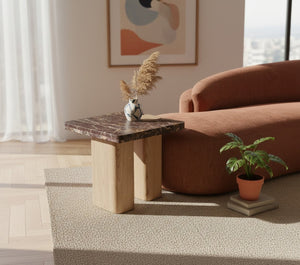 Meridian Furniture Ravenna Genuine Marble Top Oak Base Side Table with Art Deco Sculptural Form 99045Cherry-ET