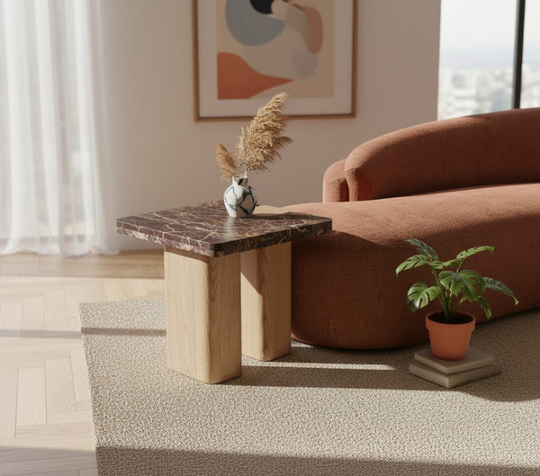 Meridian Furniture Ravenna Genuine Marble Top Oak Base Side Table with Art Deco Sculptural Form 99045Cherry-ET