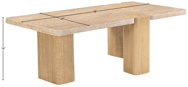 Meridian Furniture Ravenna Genuine Stone Top Coffee Table with Art Deco Oak Wood Base for Living Rooms Natural Genuine Travertine - B 99046Travertine-CT
