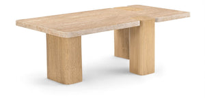 Meridian Furniture Ravenna Genuine Stone Top Coffee Table with Art Deco Oak Wood Base for Living Rooms Natural Genuine Travertine - B 99046Travertine-CT
