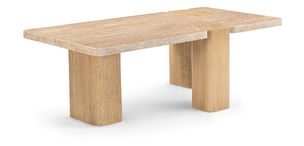 Meridian Furniture Ravenna Genuine Stone Top Coffee Table with Art Deco Oak Wood Base for Living Rooms Natural Genuine Travertine - B 99046Travertine-CT