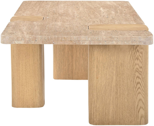 Meridian Furniture Ravenna Genuine Stone Top Coffee Table with Art Deco Oak Wood Base for Living Rooms Natural Genuine Travertine - B 99046Travertine-CT