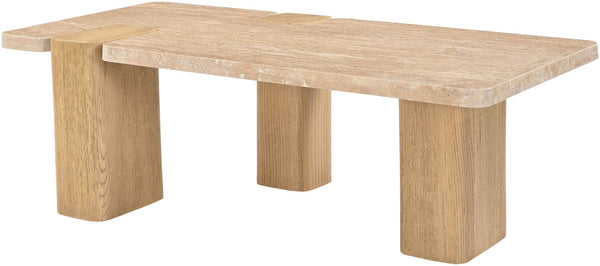 Meridian Furniture Ravenna Genuine Stone Top Coffee Table with Art Deco Oak Wood Base for Living Rooms Natural Genuine Travertine - B 99046Travertine-CT