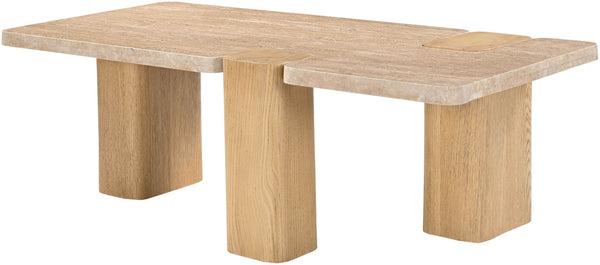 Meridian Furniture Ravenna Genuine Stone Top Coffee Table with Art Deco Oak Wood Base for Living Rooms Natural Genuine Travertine - B 99046Travertine-CT