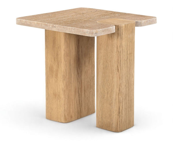 Meridian Furniture Ravenna Genuine Travertine Top Oak Base Art Deco End Table for Living Room 99046Travertine-ET