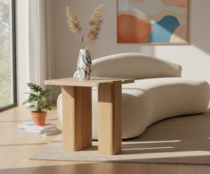 Meridian Furniture Ravenna Genuine Travertine Top Oak Base Art Deco End Table for Living Room 99046Travertine-ET