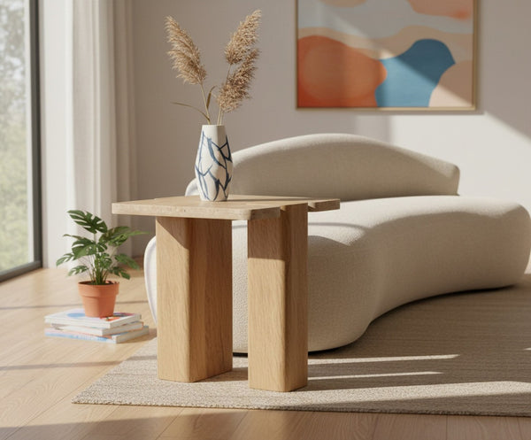 Meridian Furniture Ravenna Genuine Travertine Top Oak Base Art Deco End Table for Living Room 99046Travertine-ET