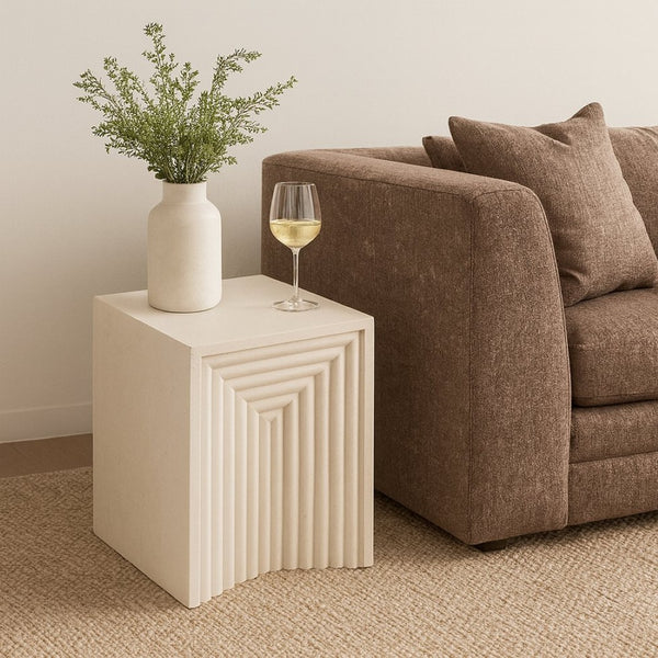 Meridian Furniture Centennial Art Deco Iron Side Table with Geometric Frame for Living Room or Bedroom Decor Cream 99047Cream-ET