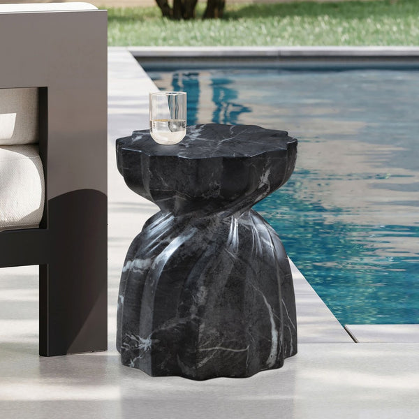 Meridian Furniture Caserta Art Deco Concrete End Table with Marble Veined Finish for Indoor Outdoor Living Black 99048Black-ET