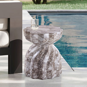 Meridian Furniture Caserta Art Deco Concrete End Table with Marble Veined Finish for Indoor Outdoor Living Brown 99048Brown-ET