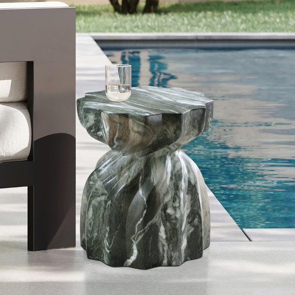 Meridian Furniture Caserta Art Deco Concrete End Table with Marble Veined Finish for Indoor Outdoor Living Green 99048Green-ET