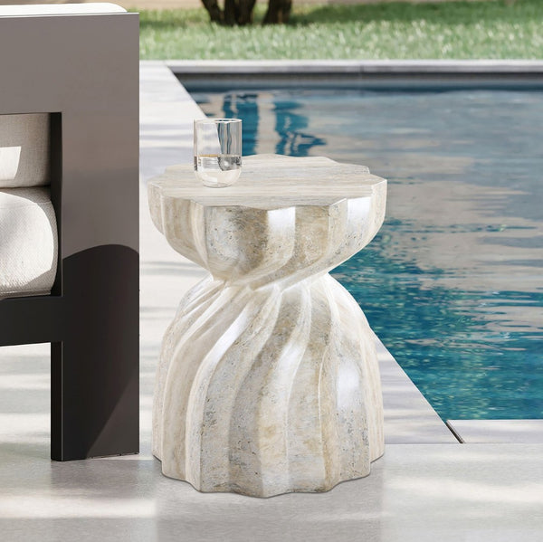 Meridian Furniture Caserta Art Deco Concrete End Table with Marble Veined Finish for Indoor Outdoor Living Natural 99048Travertine-ET