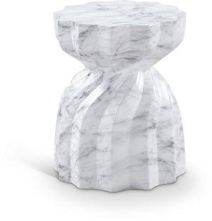 Meridian Furniture Caserta Art Deco Concrete End Table with Marble Veined Finish for Indoor Outdoor Living White 99048White-ET