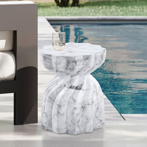 Meridian Furniture Caserta Art Deco Concrete End Table with Marble Veined Finish for Indoor Outdoor Living White 99048White-ET