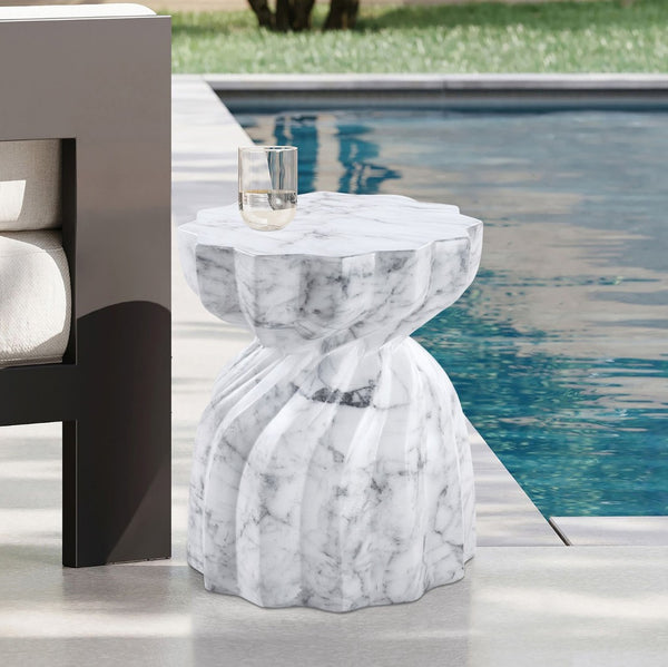 Meridian Furniture Caserta Art Deco Concrete End Table with Marble Veined Finish for Indoor Outdoor Living White 99048White-ET