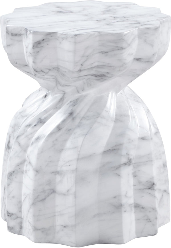 Meridian Furniture Caserta Art Deco Concrete End Table with Marble Veined Finish for Indoor Outdoor Living White 99048White-ET