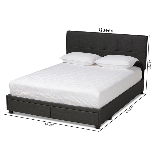 Baxton Studio Baxton Studio Queen Size Upholstered Platform Bed with Storage Drawers and Biscuit Tufted Headboard Dark Netti-Charcoal Grey-Queen