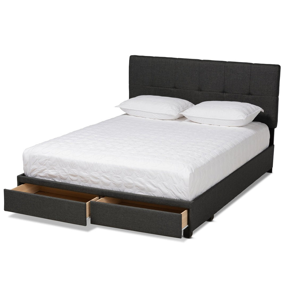 Baxton Studio Baxton Studio Queen Size Upholstered Platform Bed with Storage Drawers and Biscuit Tufted Headboard Dark Netti-Charcoal Grey-Queen