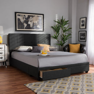 Baxton Studio Baxton Studio Queen Size Upholstered Platform Bed with Storage Drawers and Biscuit Tufted Headboard Dark Netti-Charcoal Grey-Queen