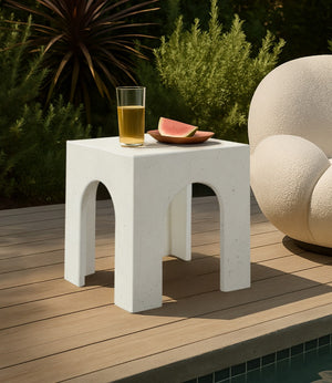 Meridian Furniture Renza Sculptural Arch Fiber Reinforced Concrete End Table Art Deco Indoor Outdoor Accent Piece Cream 99051Cream-ET