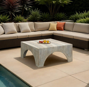 Meridian Furniture Renza Sculptural Concrete Coffee Table Art Deco Arch Design for Indoor Outdoor Patio Use Natural 99051Travertine-CT