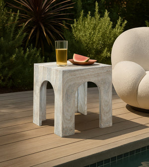 Meridian Furniture Renza Sculptural Arch Fiber Reinforced Concrete End Table Art Deco Indoor Outdoor Accent Piece Natural 99051Travertine-ET