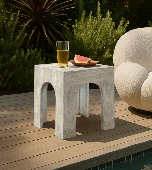 Meridian Furniture Renza Sculptural Arch Fiber Reinforced Concrete End Table Art Deco Indoor Outdoor Accent Piece Natural 99051Travertine-ET