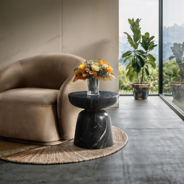 Meridian Furniture Avellino Art Deco Sculptural Concrete End Table with Marble Effect Finish Indoor Outdoor Use Black 99052Black-ET