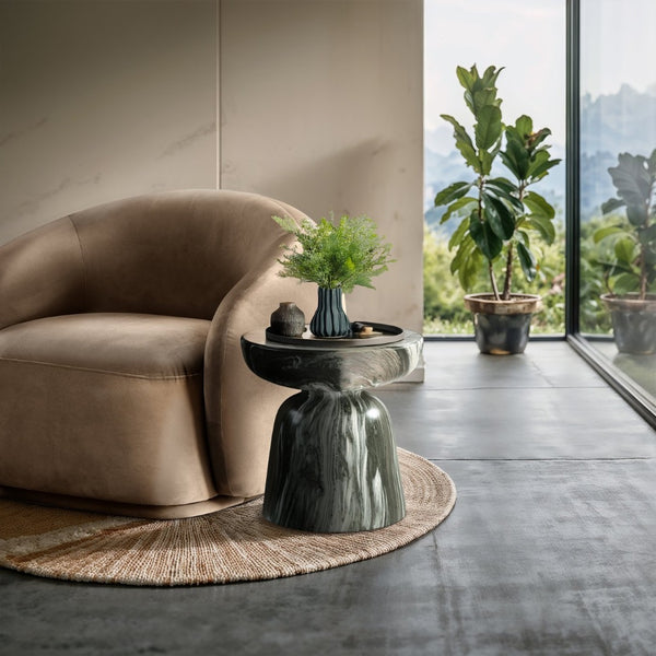 Meridian Furniture Avellino Art Deco Sculptural Concrete End Table with Marble Effect Finish Indoor Outdoor Use Green 99052Green-ET