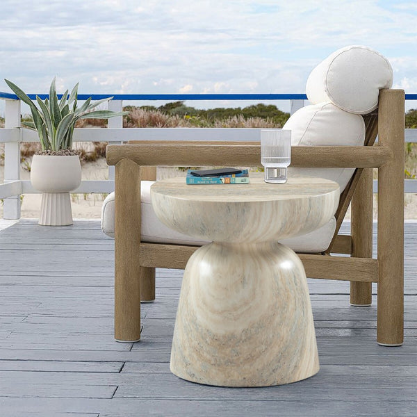 Meridian Furniture Avellino Art Deco Sculptural Concrete End Table with Marble Effect Finish Indoor Outdoor Use Natural 99052Travertine-ET