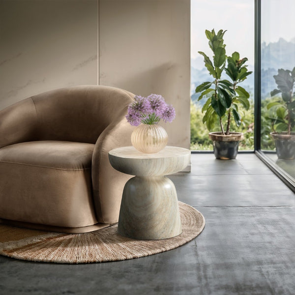 Meridian Furniture Avellino Art Deco Sculptural Concrete End Table with Marble Effect Finish Indoor Outdoor Use Natural 99052Travertine-ET