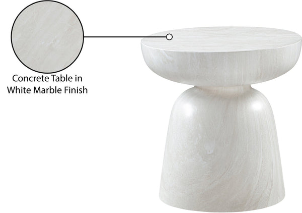 Meridian Furniture Avellino Art Deco Sculptural Concrete End Table with Marble Effect Finish Indoor Outdoor Use White 99052White-ET