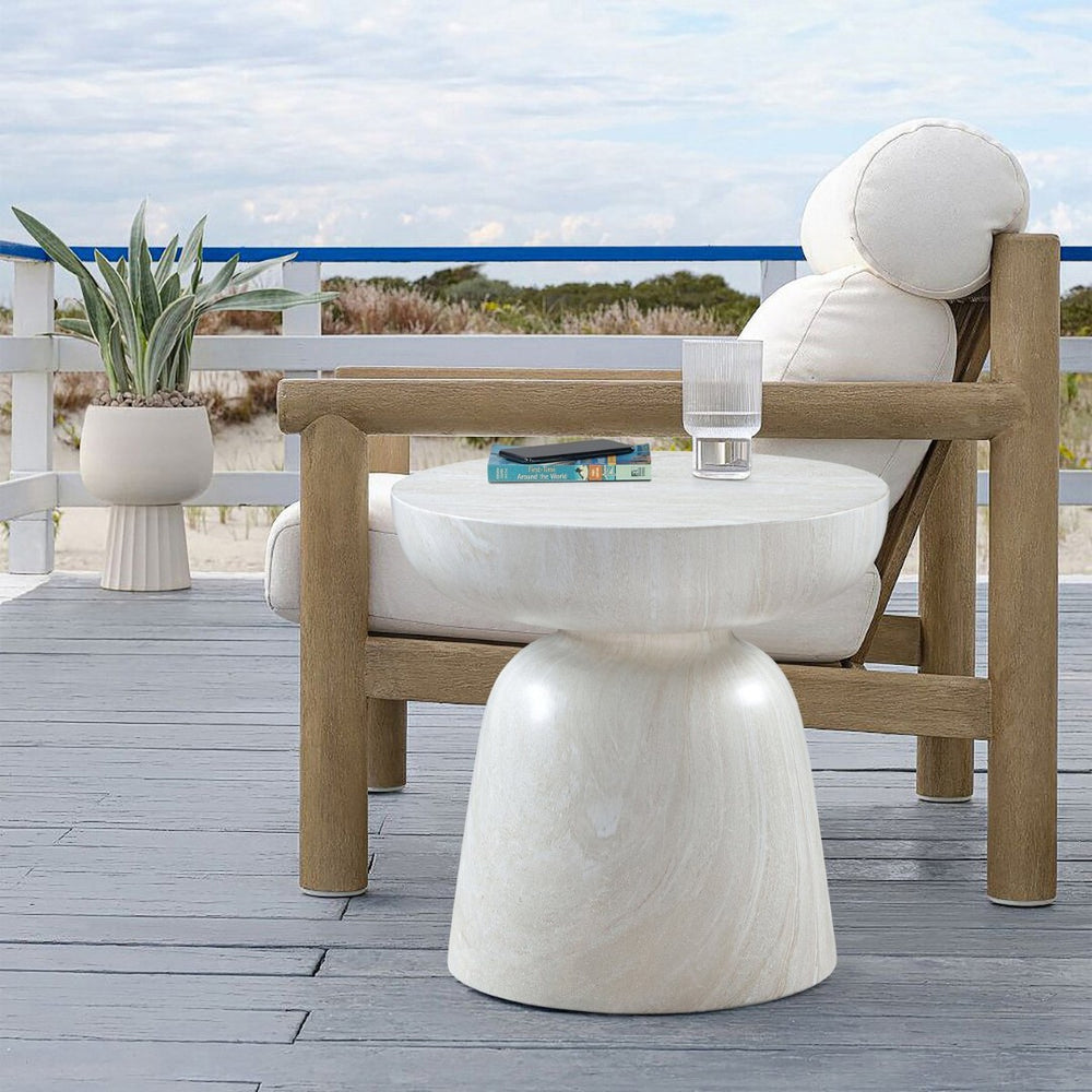 Meridian Furniture Avellino Art Deco Sculptural Concrete End Table with Marble Effect Finish Indoor Outdoor Use White 99052White-ET